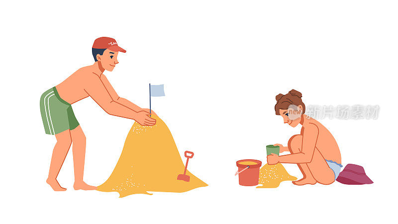 男孩和女孩的孩子们在夏天的海滩上建造沙堡孤立了扁平的卡通人物。矢量的孩子们在沙滩上坐着站着，快乐的孩子们拿着玩具桶，一起玩耍。假日休闲
