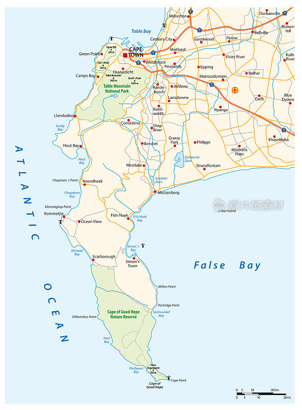 南非开普敦开普敦半岛矢量路线图