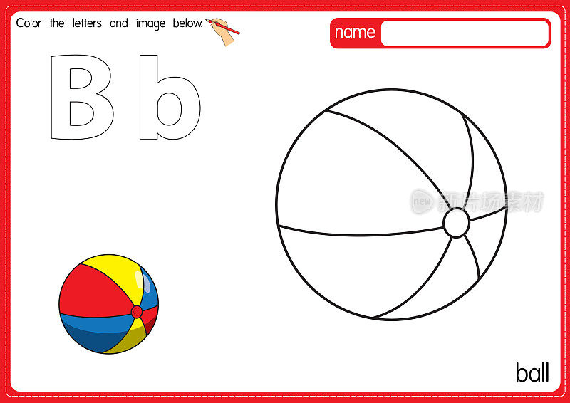 矢量插图的儿童字母着色书页与概述剪贴画，以颜色。字母B代表球。