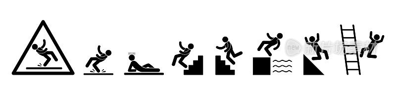 警告标志。小心,地板很滑。男人在楼梯图标。防止从高处坠落的人。