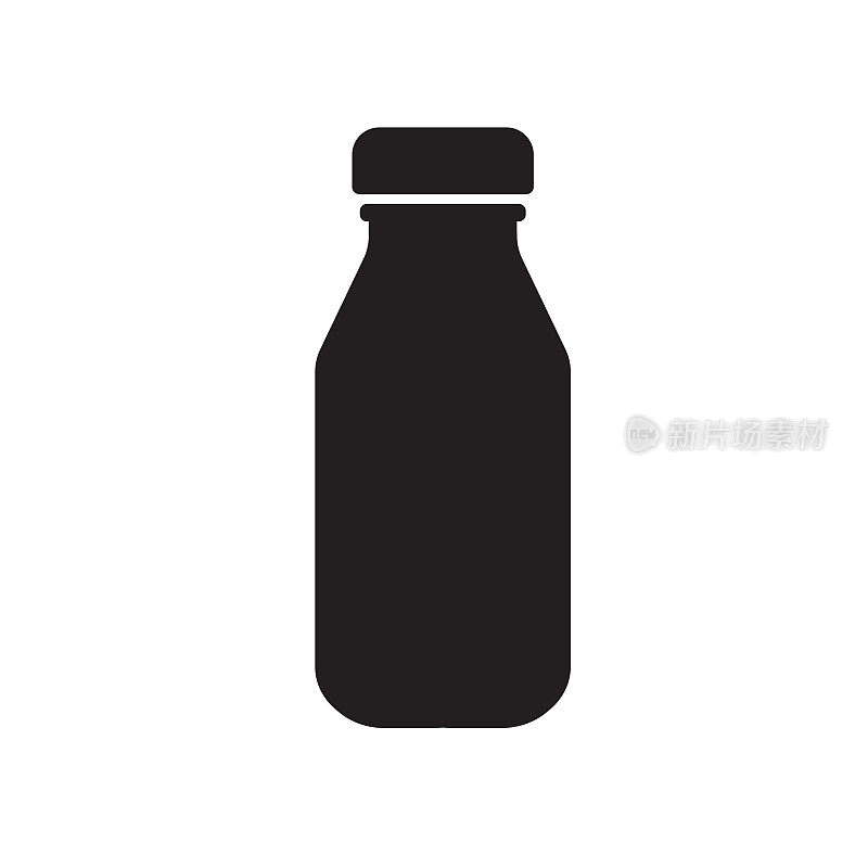 奶瓶图标在白色背景。平面设计。牛奶瓶固态黑色形状。矢量插图。