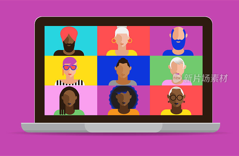 在笔记本电脑屏幕上的虚拟会议与不同的同事在现代充满活力的平面色彩