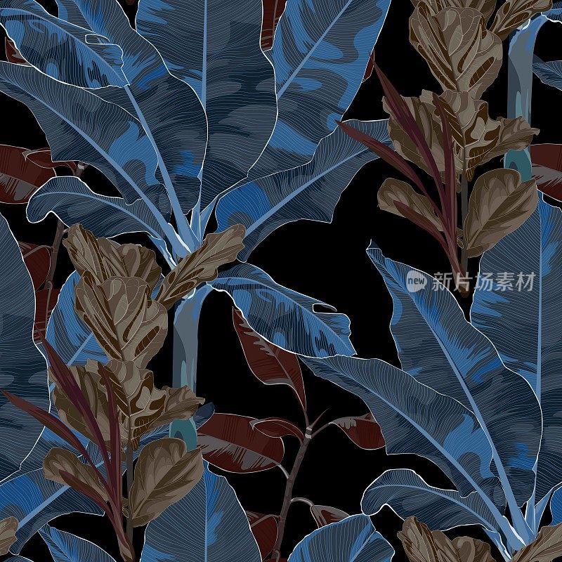 抽象叶无缝图案，各种植物和树木在棕色蓝色的黑色背景。