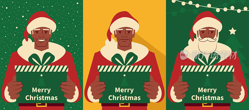 快乐英俊的老人穿着圣诞老人的衣服，手里拿着圣诞礼物，有三个背景