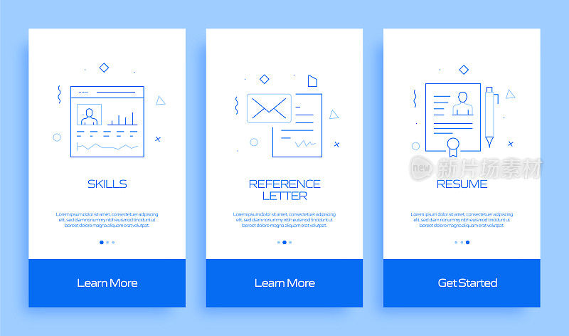 工作和简历概念入职手机应用程序页面屏幕与平面图标。UI设计模板矢量插图