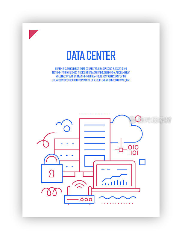 插图数据中心概念的向量集。线条艺术风格的网页，横幅，海报，印刷等背景设计。矢量插图。