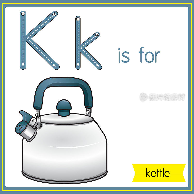 矢量插图学习字母为儿童与卡通形象。字母K代表水壶。