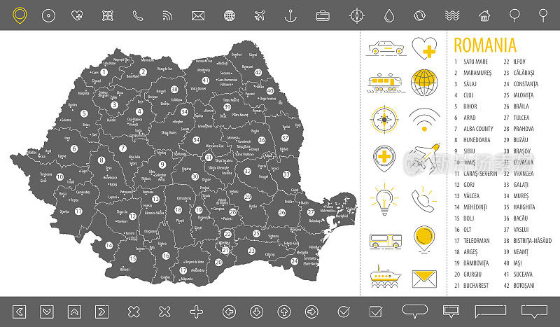 详细的罗马尼亚单色地图，灰色的国家领土地理边界和行政区划在白色背景，旅游图标集，矢量插图