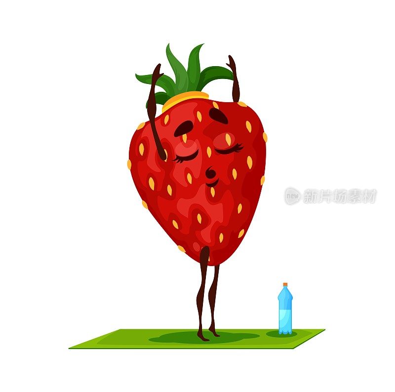 卡通草莓水果人物，瑜伽练习