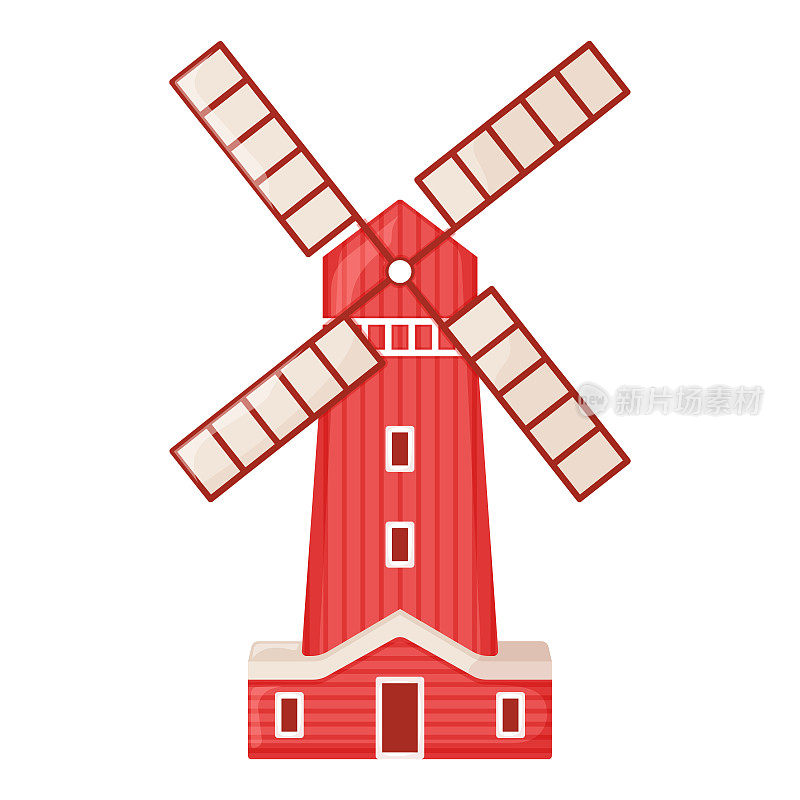 概念乡村住宅红磨坊建筑，现代农场谷仓在绿色农场田块plot卡通矢量插图，孤立在白色。