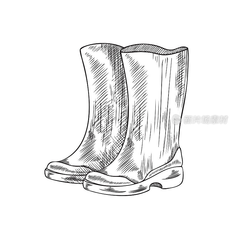 橡胶雨靴或防水靴，素描矢量插图孤立。