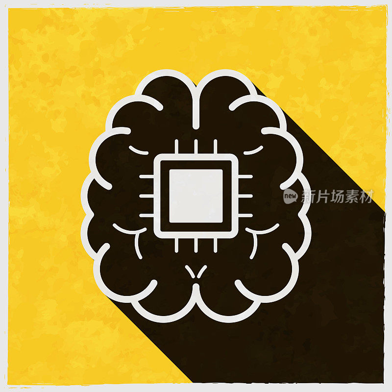 大脑植入芯片。图标与长阴影的纹理黄色背景