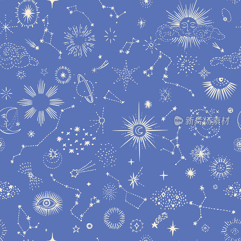 空间背景。恒星无缝图案，恒星，黄道带，星座，太阳，行星，彗星和月亮。徒手画。线条画，素描风格。