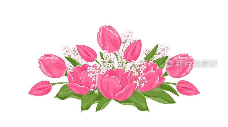 春天的花束。粉红色郁金香，孤立在白色背景上。矢量卡通平面插图。