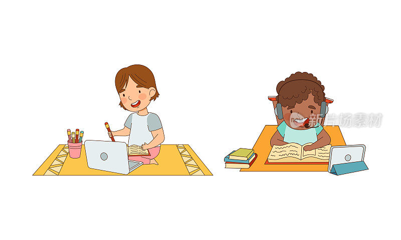 可爱的孩子在家里用笔记本电脑和耳机学习。在线教育，远程学校概念卡通矢量插图