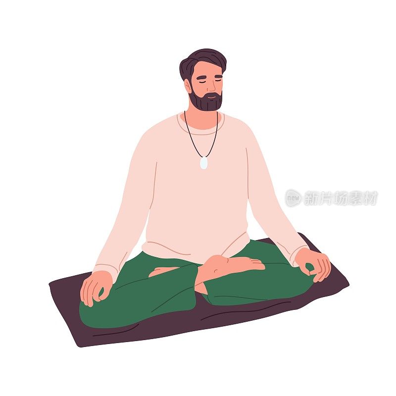 人在平静和和平的冥想练习在垫子上。人在瑜伽体式冥想。瑜伽修行者在禅坐，双腿交叉的莲花坐姿。平面矢量插图孤立在白色背景上