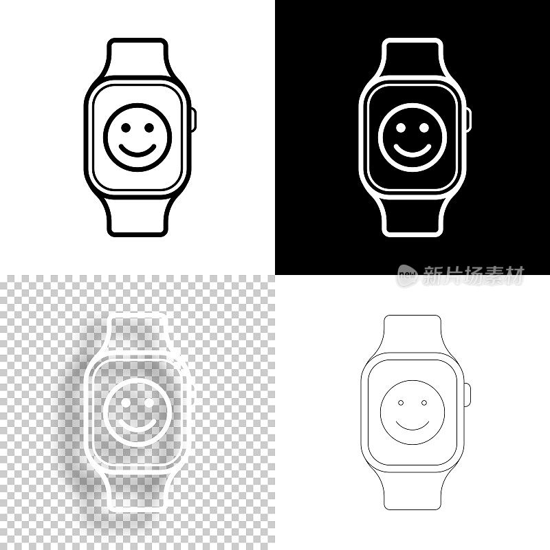 带有快乐表情的智能手表。图标设计。空白，白色和黑色背景-线图标