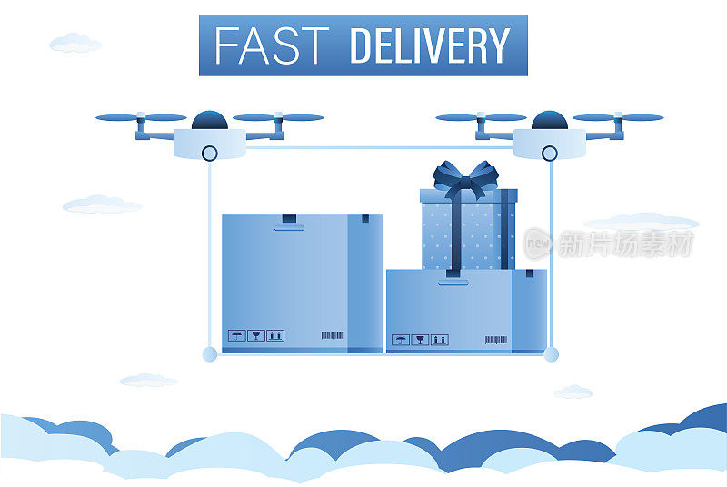 快速交付，横幅模板。两架无人机向消费者递送包裹。快速运输货物的新技术。空中的四轴飞行器。