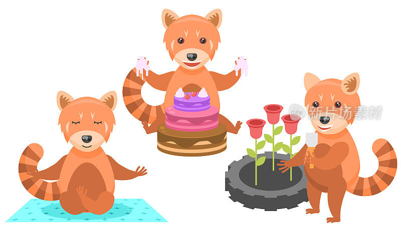 集抽象收集平面卡通不同动物红熊猫在地毯上冥想，吃蛋糕，种植玫瑰在一个花坛矢量设计风格元素动物野生