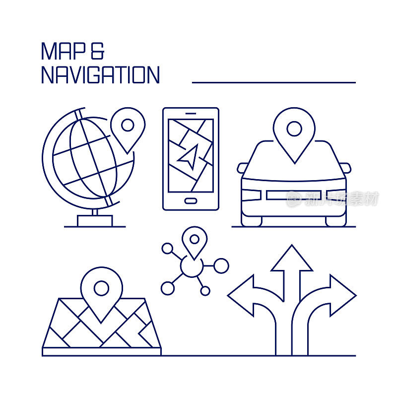 地图和导航相关设计元素。使用大纲图标的模式设计。