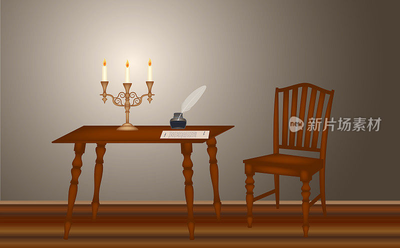 经典的复古房间与信在桌子上，烛台，羽毛笔和墨壶，矢量插图