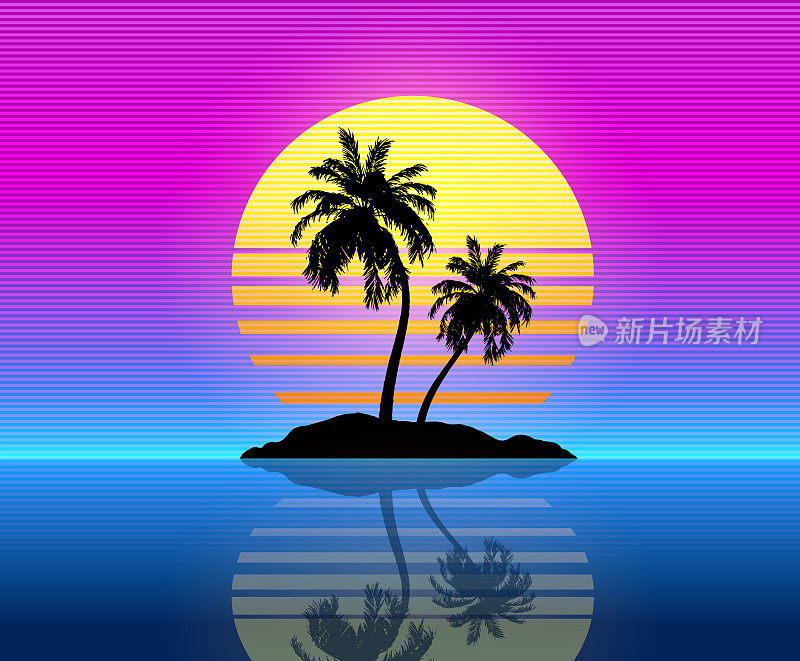 合成波复古背景-棕榈树