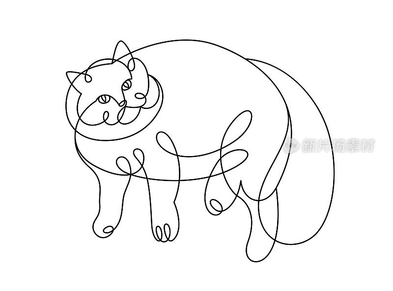 慵懒的胖猫线条艺术矢量插画，轻松的小猫直线画，可爱的家养宠物的最小轮廓素描。