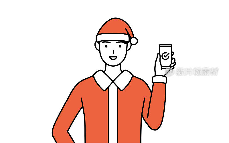 简单的线条插画，一个男人打扮成圣诞老人使用智能手机在工作。