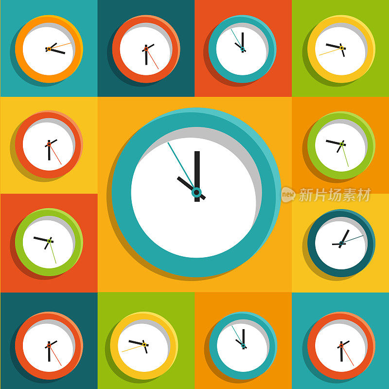 平面风格的时间概念。一套现代机械彩色时钟在一个彩色的背景。