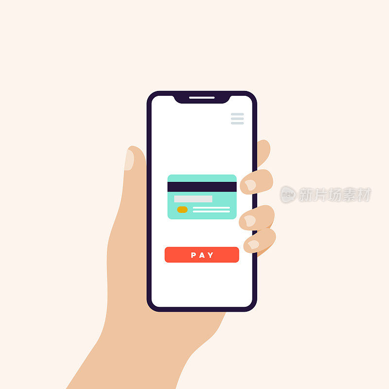 手持智能手机在垂直位置横幅。屏幕与信用卡图标和支付按钮。网上支付、银行的概念。矢量插画，平面设计