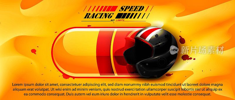 运动速度和胜利的概念在现实主义风格。保护运动头盔的赛车手和电池充电在一个抽象的彩色背景与空间的文字。
