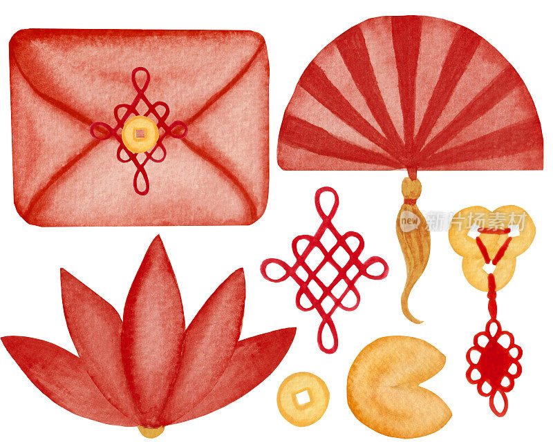 水彩画集合了节日的属性，扇子，金币，红莲，信封，饼干，元素被隔离在白色的背景上。