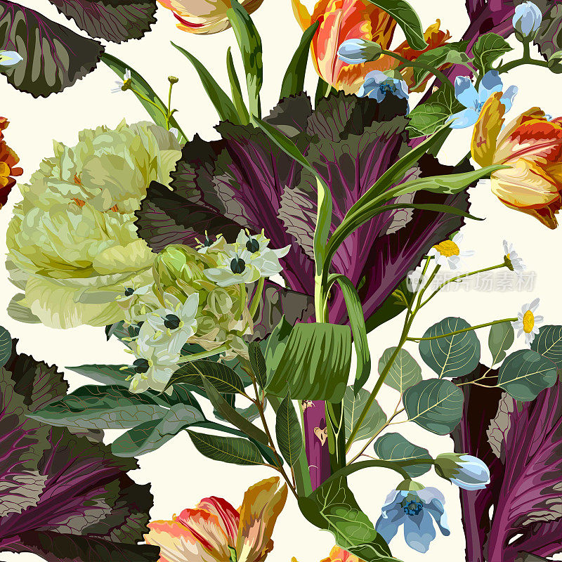 无缝图案与手绘彩色装饰白菜和牡丹，郁金香花。日本新年花。新鲜紫甘蓝，花椰菜，大白菜。