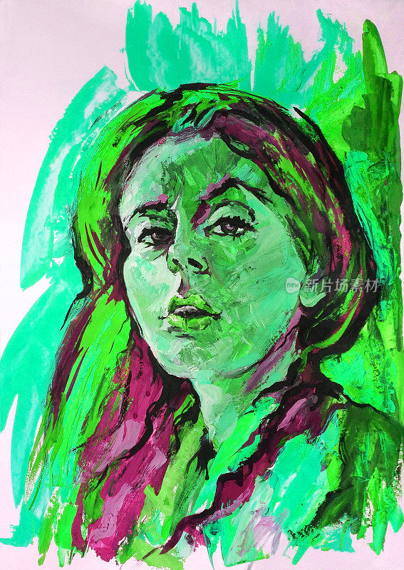 插画肖像的年轻女子明亮的嘴唇和飘动的头发在抽象的背景上的绿色色调