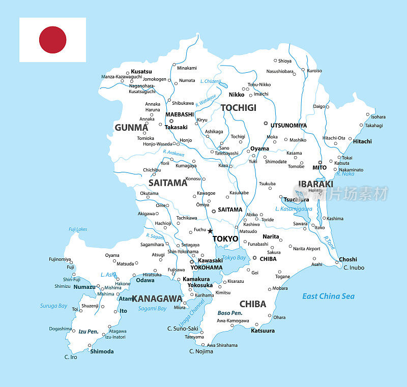 关东大地图。日本县地图。白色的颜色