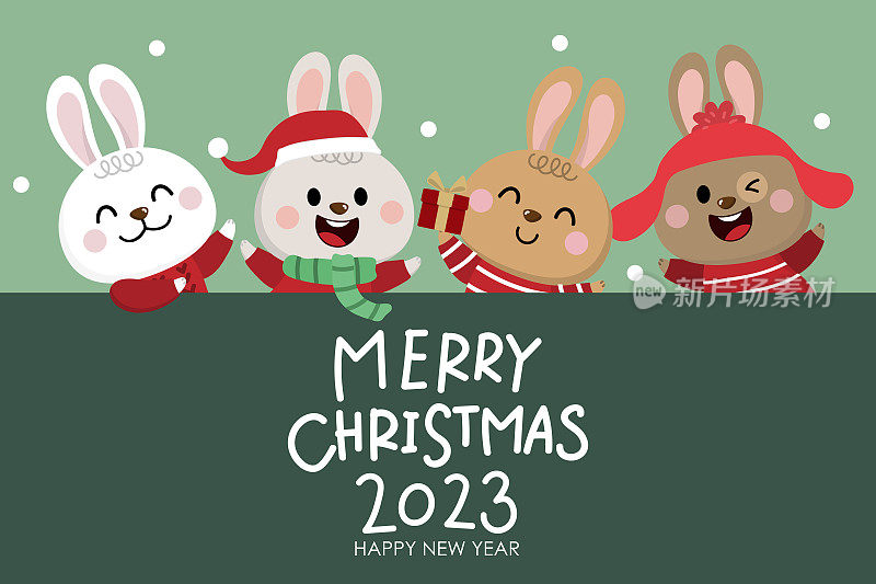 圣诞快乐，2023年新年快乐，贺卡上有兔子和兔子穿着冬天的服装。假日卡通人物。向量