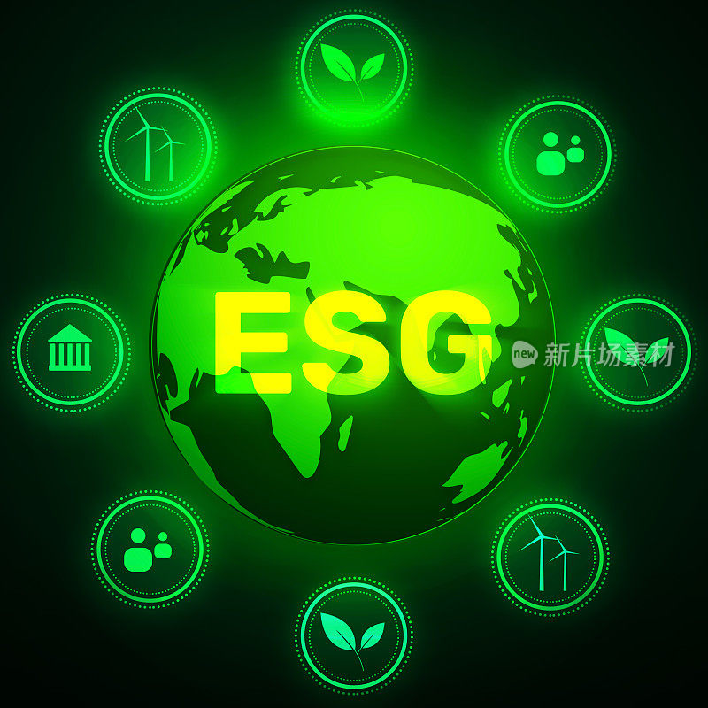 环境，社会和治理的概念背景与绿色发光的星球和标志。绿色能源概念壁纸