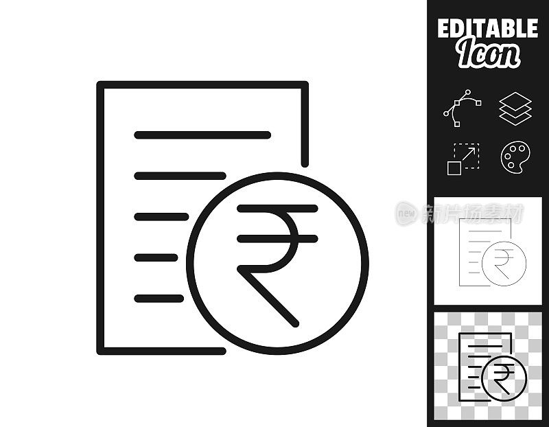 印度卢比的账单或发票。图标设计。轻松地编辑