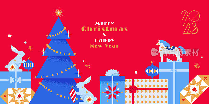 圣诞和新年快乐贺卡，横幅，海报，节日封面。现代几何平面圣诞设计与圣诞树，球，圣诞玩具，礼物和兔子红，蓝，黄