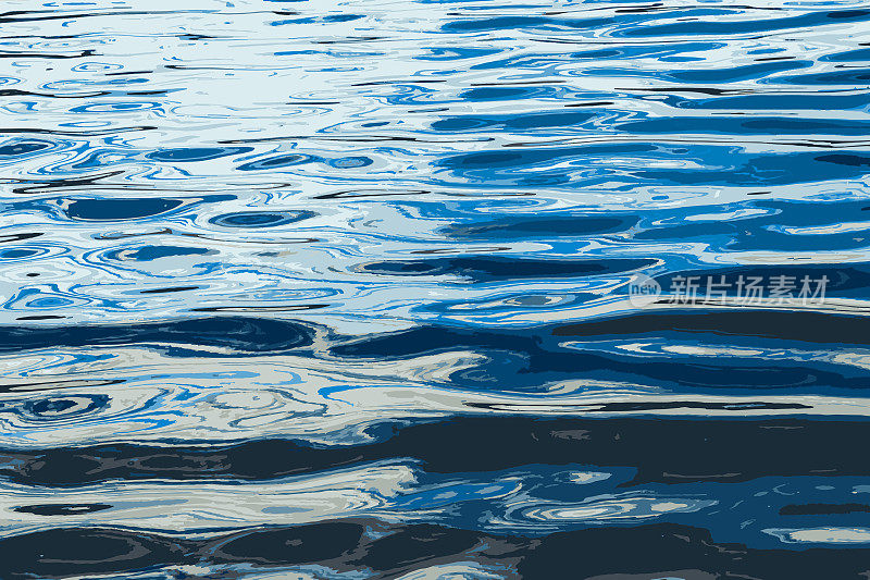 矢量插图的水波纹纹理背景。日落时波浪形的水面，金色的光反射在水中。