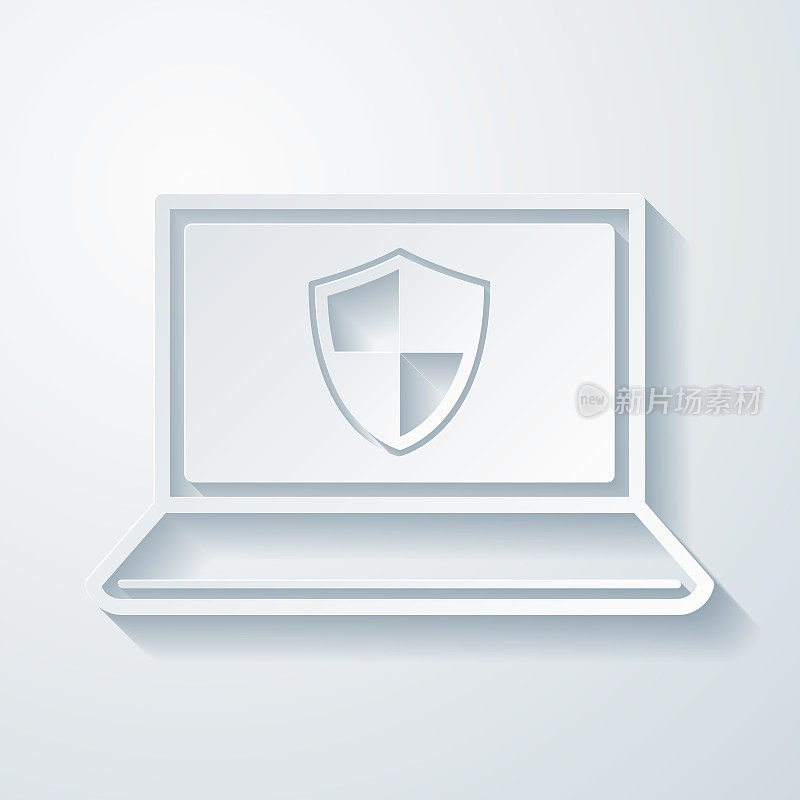 笔记本电脑的盾牌。空白背景上剪纸效果的图标