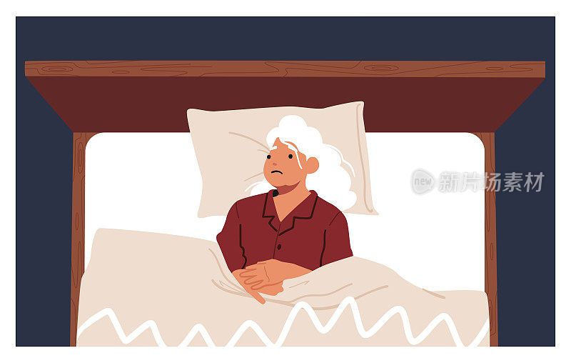 悲伤的老年妇女躺在床上俯视图。上了年纪的女性角色因为打鼾或有不好的想法而无法入睡