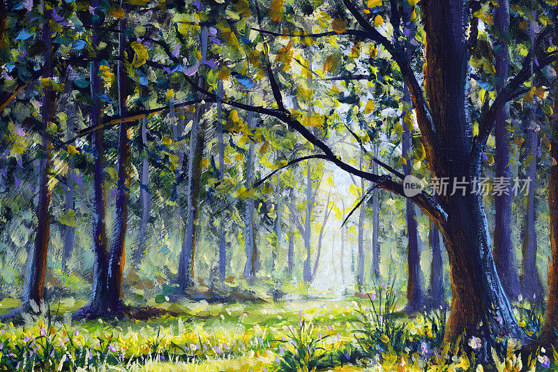阳光灿烂的森林木树原创油画。太阳，夏天，春天，公园，小巷，印象派美术，手绘风景画艺术品
