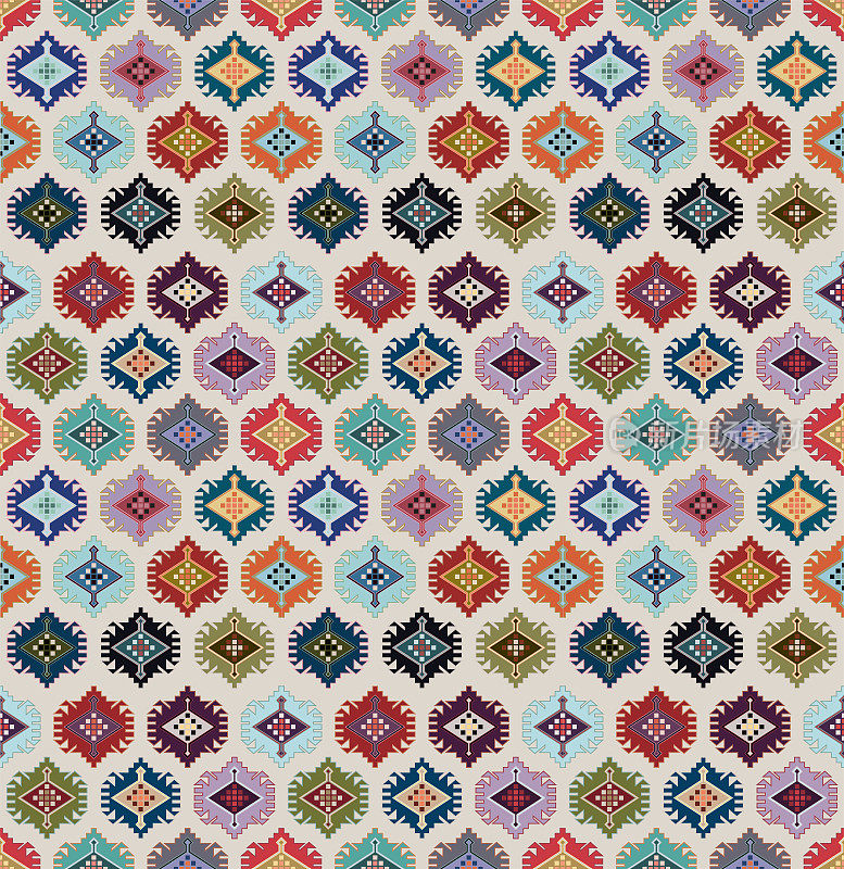 民族图案。室内装饰纺织品设计。土耳其地毯彩色织物样本。