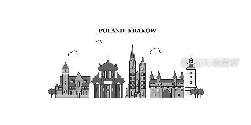 波兰克拉科夫市天际线孤立矢量插图，图标