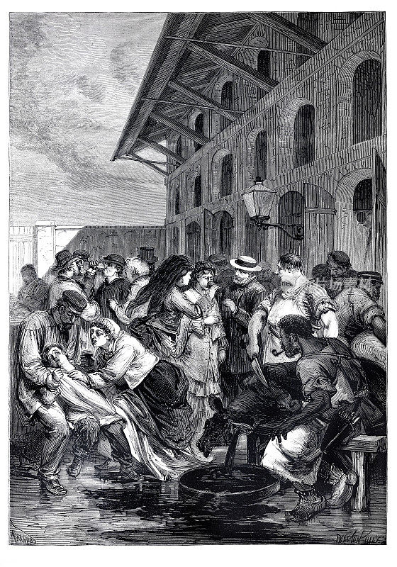惊恐的人们在巴黎维莱特屠宰场喝血以避免结核病1874年
