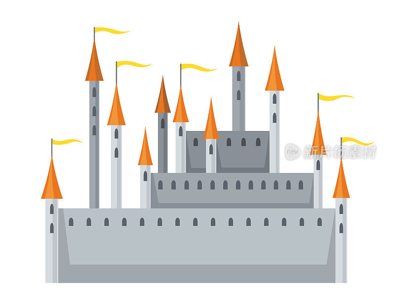 中世纪王国城堡或皇家堡垒。中世纪历史时期的童话建筑。矢量建筑外观设计