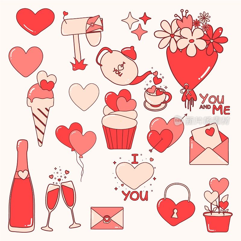情人节向量集。红色和粉色的心形和字母，香槟，玻璃杯，气球，蛋糕。茶壶、马克杯和“我爱你”的情人节设计。