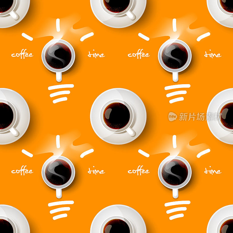 现实风格的咖啡休息概念。一杯有明亮背景文字的热咖啡。为应用程序，网站，演示或设计的创意图形插图。