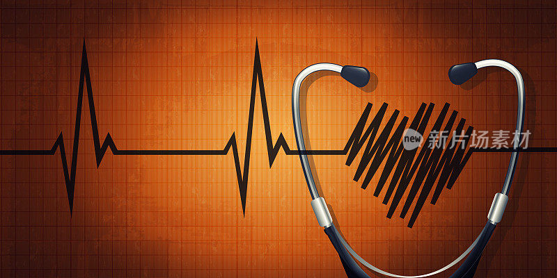 写实风格的医学保健理念。听诊器与心率在一个抽象的背景彩色纸板。